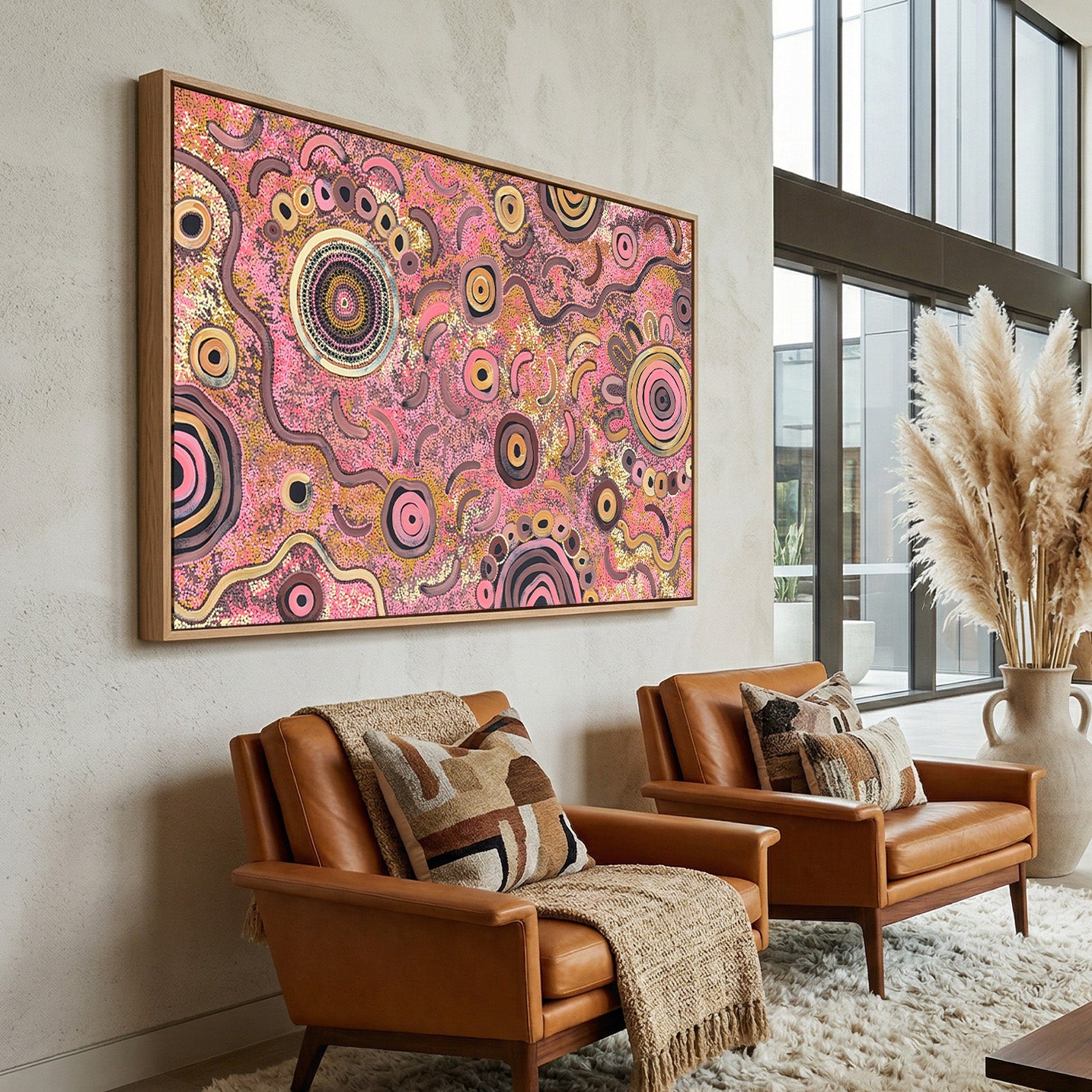 Oak framed Contemporary Aboriginal art painting by Kelly Taylor displayed in modern interior