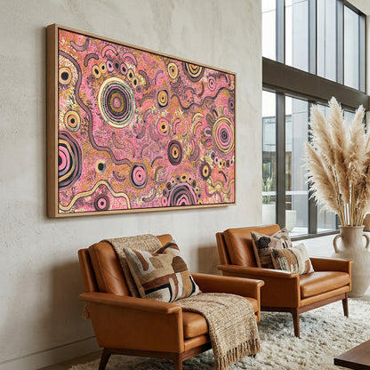 Oak framed Contemporary Aboriginal art painting by Kelly Taylor displayed in modern interior